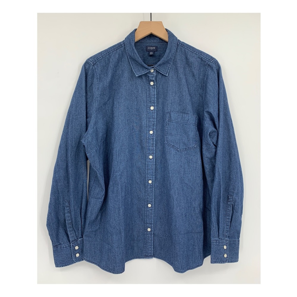 J Crew Denim Shirt Women XXL Blue Cotton Long Sleeve Pocket Casual